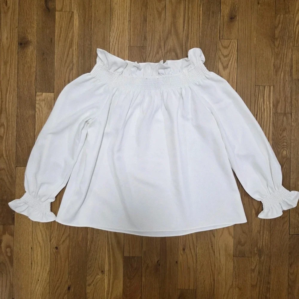 Tuckernuck Womens Preppy Minimalist Off The Shoulder Summer Casual Top White S - Picture 2 of 11